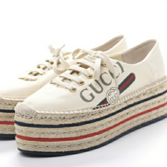 Gucci Shoes - Gucci Cream Canvas Platform Espadrilles with Red and Navy Stripes